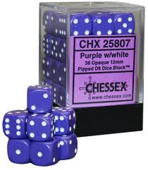 Chessex 36d6 Opaque Purple/White 12mm (36) - CHX25807